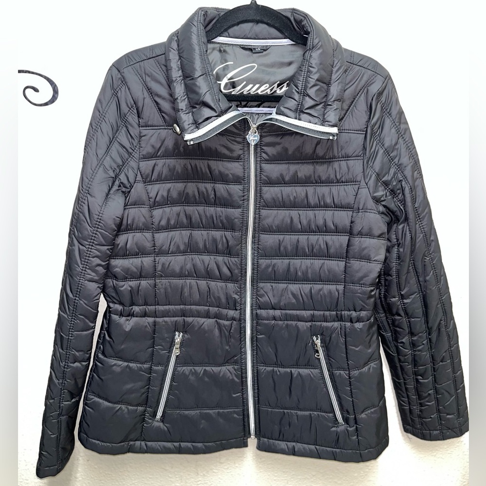 Guess Black Quilted Jacket with Heart Charm Zipper
